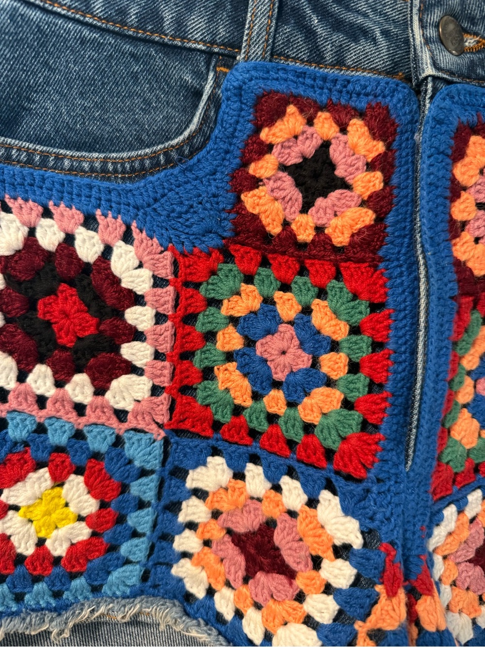 Farm Rio High Rise Denim Crochet Patchwork Shorts - Picture 6 of 9